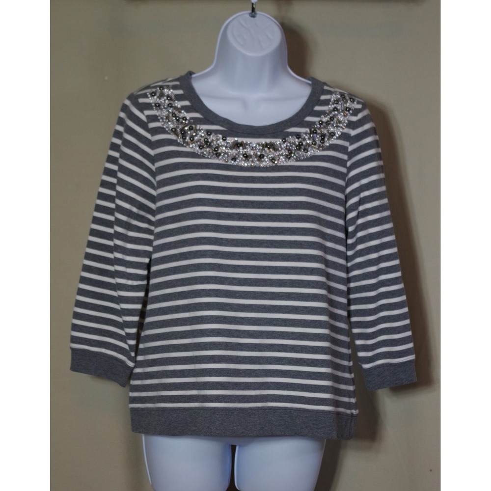 Chicos‎ Collection Size 1 Medium Gray White Striped Embellished Neck Sweatshirt